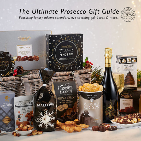 A cover for the Ultimate Prosecco Gift Guide from Spicers of Hythe, showing one of our luxury gift boxes containing a bottle of premium Prosecco alongside artisan food & drink treats.